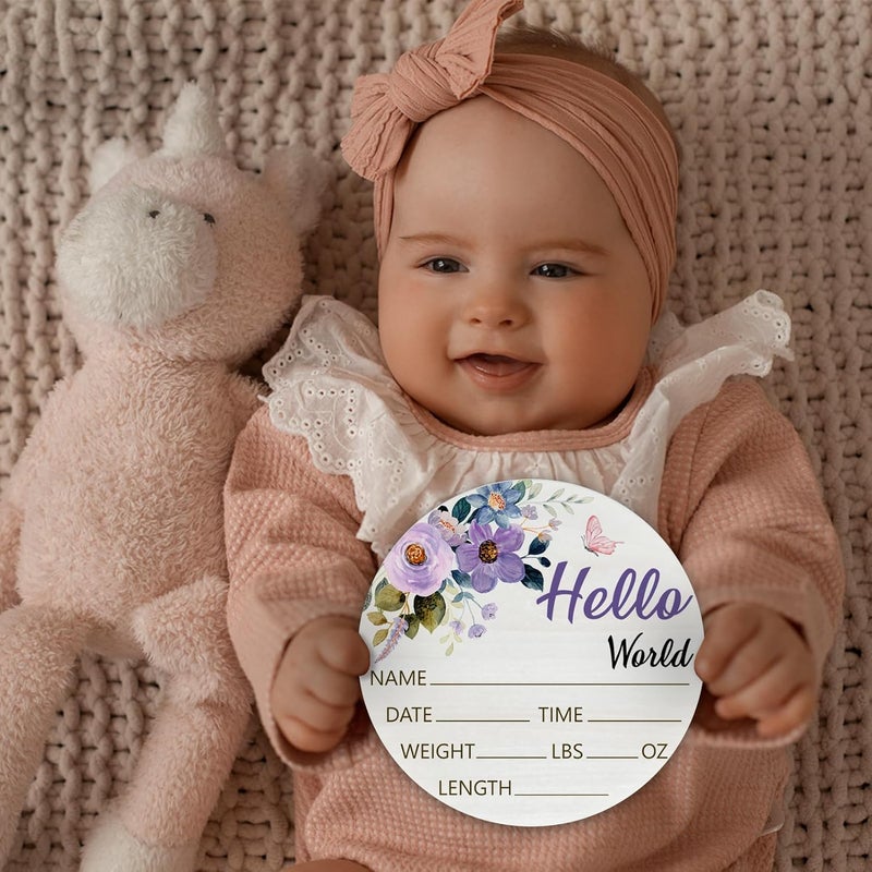CLHHM Hello World Purple Rose Baby Name Sign Birth Announcement Plaque with Name Date Weight 6" Round Birch Wood Nursery Decor Newborn Hospital Keepsake Gift for Parents - Image 5